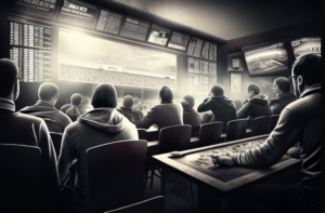 Sports betting scene with people watching a game