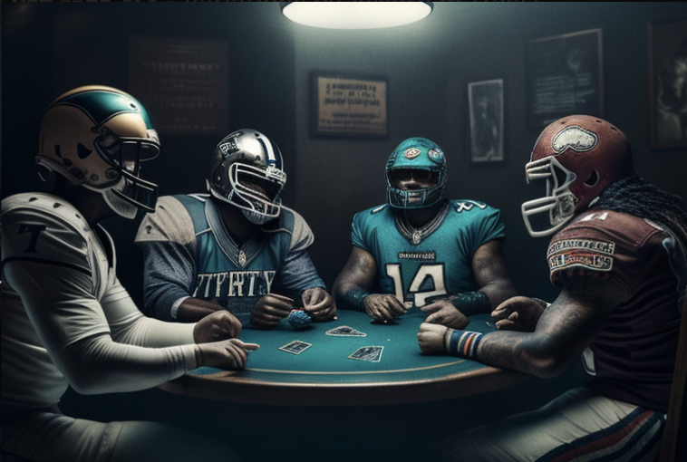 NFL players betting at a casino table.