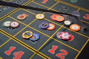 Casino chips on roulette table