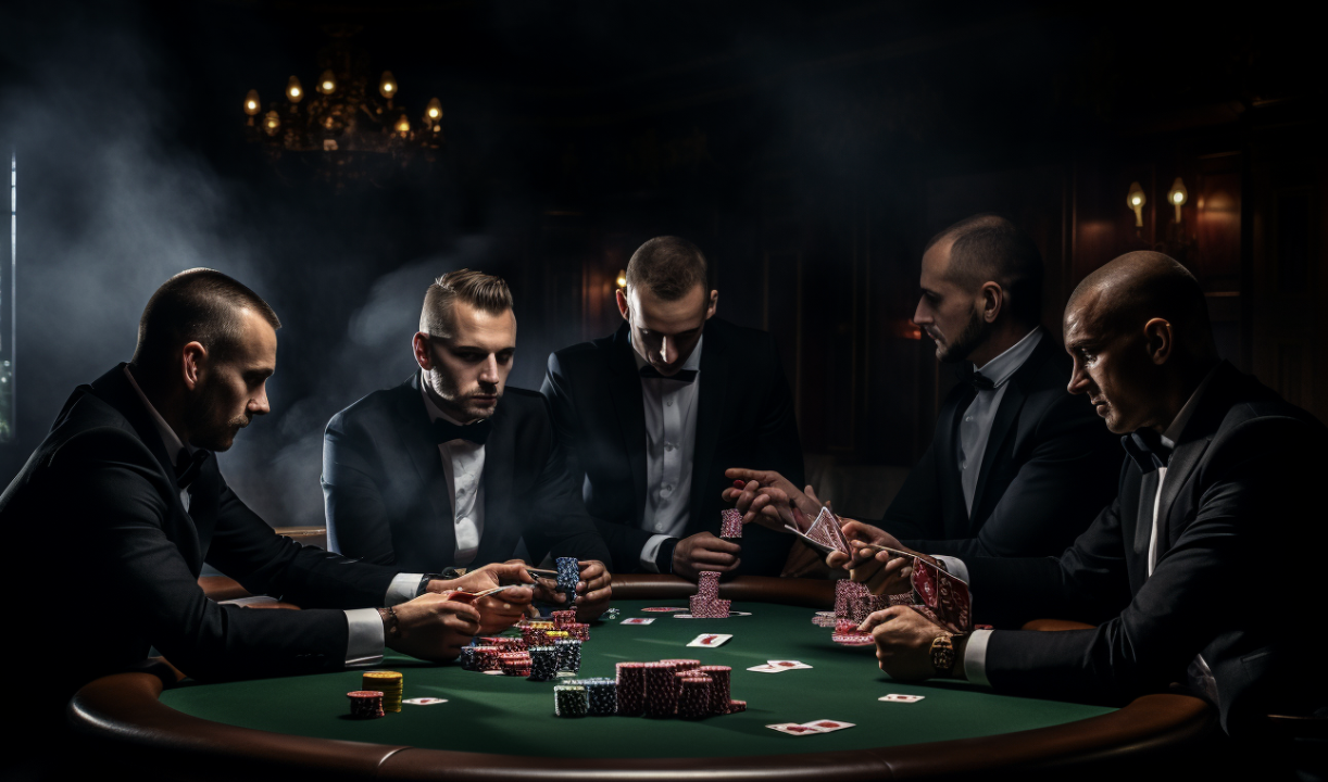 4 men playing poker at a casino